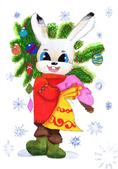 Cheerful Rabbit Holds Christmas Tree and Gift Bag, 2023. Children's drawing