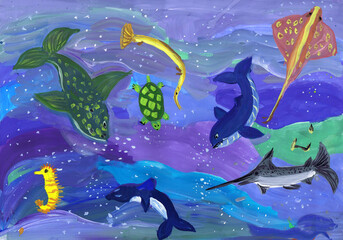 Obraz na płótnie Canvas Inhabitants of the deep sea. Children's drawing