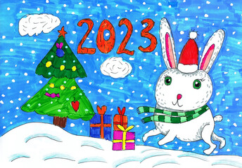 A white rabbit with gifts near the Christmas tree, 2023. Children's drawing