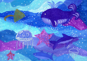 Marine animals underwater. Children's drawing