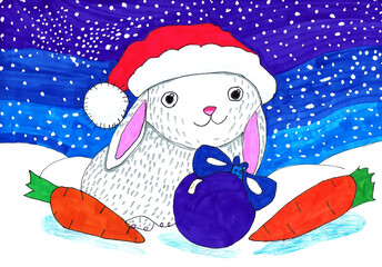 A rabbit in a Santa cap sits in the snow with carrots. Children's drawing