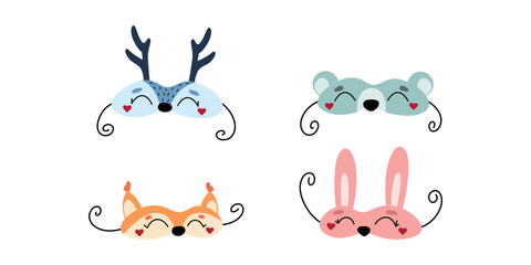 Set of cute various New Year party costume masks. Fun design. Collection of hand drawn vector Christmas carnival accessory for packaging, print, card, fabric, label, wallpaper, textile, wrapping paper