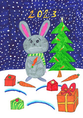 A gray bunny with gifts stands near the Christmas tree, 2023. Children's drawing
