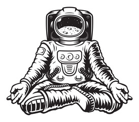 Black and white vector illustration of an astronaut meditating in the lotus position