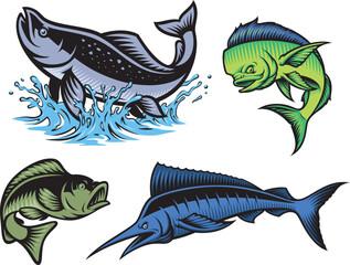 A colour vector clip art for a fishing theme with marline, salmon, perch, mahi mahi fish 