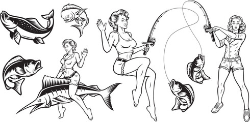 Set of black and white vector illustrations on the theme of fishing with a pin up girl, marlin, salmon, mahi mahi fish, perch. 