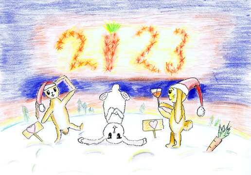 Three jolly rabbits celebrate New Year's Day 2023. Children's drawing