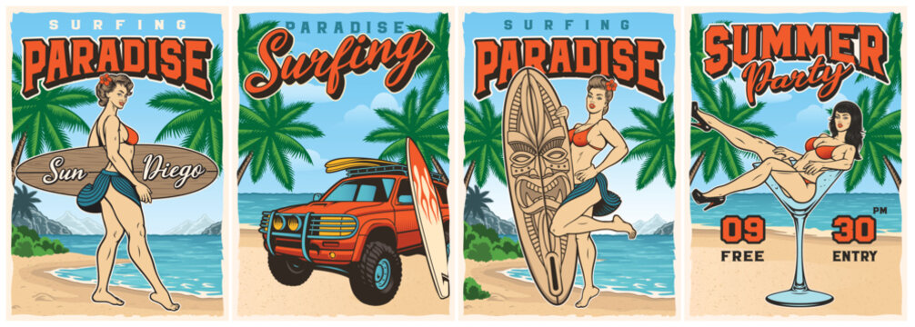 Set of vintage posters for a surfing theme with different pin up girls on the beach