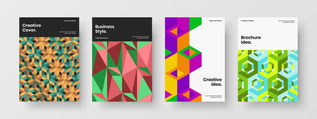 Naklejka premium Amazing front page design vector template composition. Simple mosaic hexagons corporate cover illustration set.
