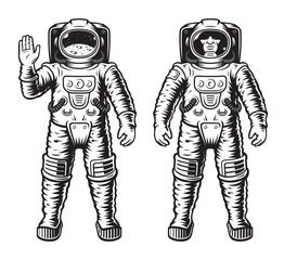 Set of black and white vector illustrations of astronauts isolated on white background
