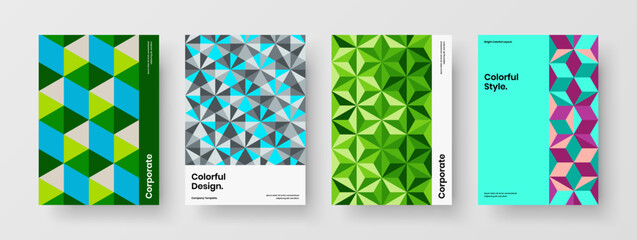 Clean presentation design vector layout set. Vivid mosaic hexagons booklet illustration composition.