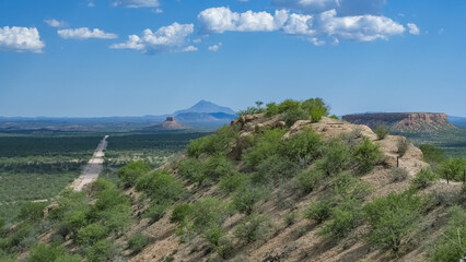 Namibia, panorama of the Namib desert, wild landscape with a dirt road in background
