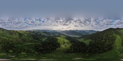 Ukraine, Carpathians. Panorama 360 of the Verkhovyna village and mountains

