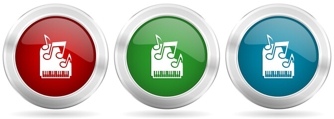 Piano, music vector icon set. Red, blue and green silver metallic web buttons with chrome border
