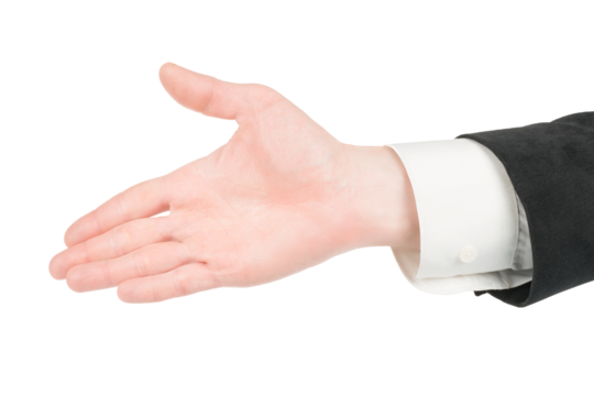 Man in suit hand offering for handshake gesture. Isolated png with transparency - Powered by Adobe