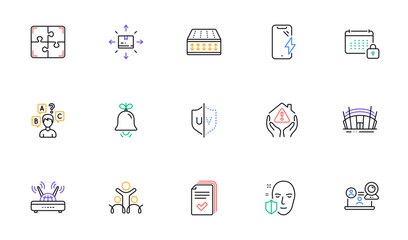 Quiz test, Smartphone charging and Wifi line icons for website, printing. Collection of Arena stadium, Uv protection, Face protection icons. Flexible mattress, Inclusion, Calendar web elements. Vector