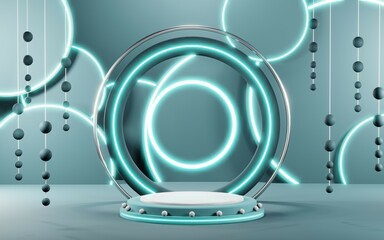 3D render of Podium background in blue tones for displaying cream products. cosmetics