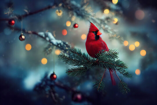 Northern cardinal bird sitting on a spruce branch with red Christmas ornaments in the winter forest, red cardinal, redbird, AI generated image