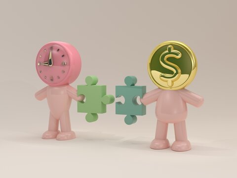 The concept of keeping a balance between time and money. Clock and coin jigsaw puzzle.
