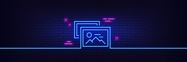 Neon light glow effect. Photo images line icon. Image album thumbnail sign. Picture gallery placeholder symbol. 3d line neon glow icon. Brick wall banner. Photo album outline. Vector