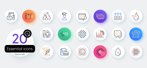 Simple set of Hydroelectricity, Recovery data and Eco energy line icons. Include Oil serum, Calendar, Blood donation icons. 5g technology, Fire energy, Medical analyzes web elements. Vector