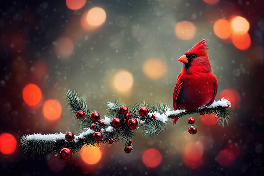 Beautiful red cardinal bird sitting on a spruce branch with red Christmas balls and snow, red lights background, northern cardinal, redbird, AI generated image