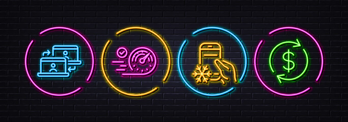 Speedometer, Outsource work and Refrigerator app minimal line icons. Neon laser 3d lights. Usd exchange icons. For web, application, printing. Time concept, Remote job, Fridge application. Vector