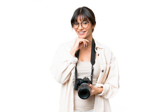 Young photographer caucasian woman over isolated chroma key background with glasses and smiling