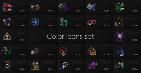 Set of Handshake, Refresh bitcoin and Fingerprint research line icons. Include Dollar money, Web photo, Drop counter icons. Dumbbell, Warning, Love music web elements. Online voting. Vector