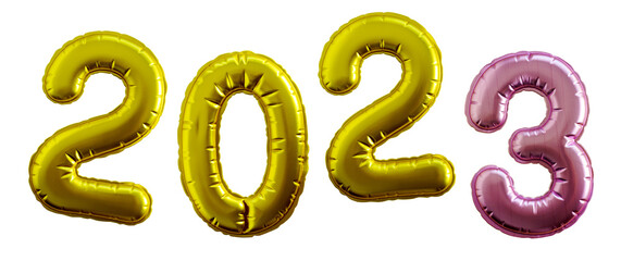 Imitation foil balloons with the number 2023. New Year's celebration. Photo on a transparent background