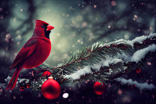 Beautiful red cardinal bird sitting on a spruce branch with red Christmas ornaments and snow in the winter forest, northern cardinal, AI generated image
