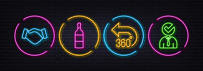 Wine bottle, 360 degrees and Handshake minimal line icons. Neon laser 3d lights. Vacancy icons. For web, application, printing. Cabernet sauvignon, Full rotation, Deal hand. Vector