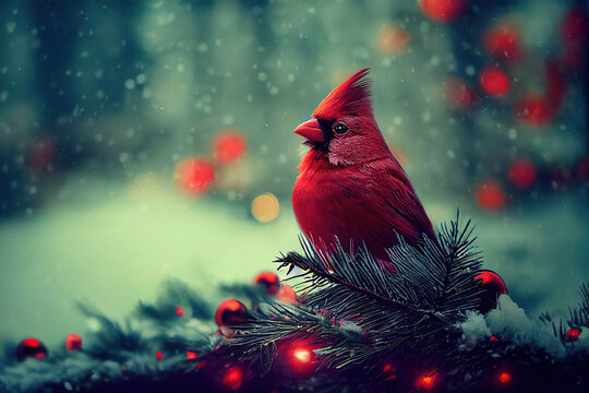 Beautiful northern cardinal bird on a spruce branch with red Christmas ornaments in the snowy winter forest, red cardinal, redbird, AI generated image