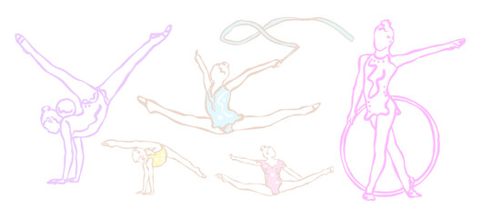 Rhythmic gymnastics girls with ball, ribbon, hoop, vector silhouettes for sports designs, hand drawn. Women's sport, athletes gymnastics.