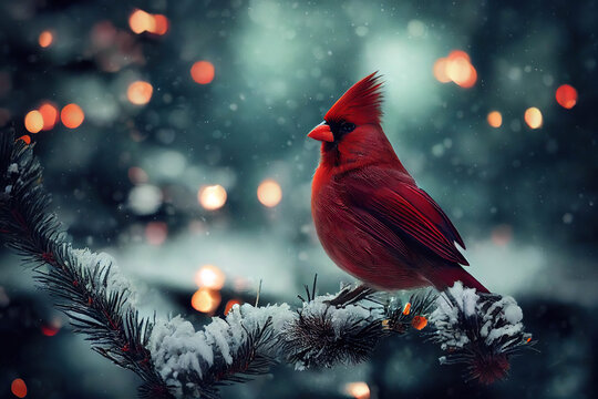 Beautiful red northern cardinal bird sitting on a spruce branch with snow in the snowy winter forest, lights background, red cardinal, redbird, AI generated image