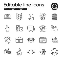 Set of Business outline icons. Contains icons as Donation, Fireworks and Medical vaccination elements. Sale bags, Shoulder strap, Message web signs. Shopping bag, Veterinary clinic. Vector