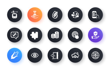 Minimal set of Currency, Mobile survey and Hypoallergenic tested flat icons for web development. Corn, Puzzle, Entrance icons. Spanner, 5g cloud, Time hourglass web elements. Vector
