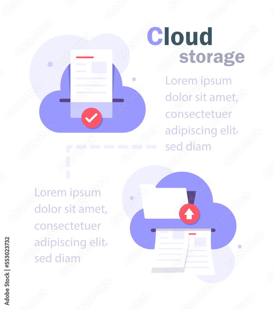 Poster cloud storage icon. digital file organization service or app with data transfering