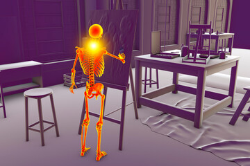 Professional musculoskeletal disorders in artists. Human skeleton is painting on canvas in studio and having neck pain, conceptual 3D illustration