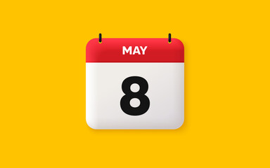 Calendar date 3d icon. 8th day of the month icon. Event schedule date. Meeting appointment time. Agenda plan, May month schedule 3d calendar and Time planner. 8th day day reminder. Vector
