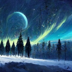 Aurora over a snow field and frozen pines digital art