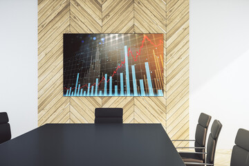 Abstract creative financial graph on presentation screen in a modern conference room, forex and investment concept. 3D Rendering