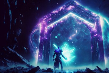 A space traveler entering into a big purple portal digital art