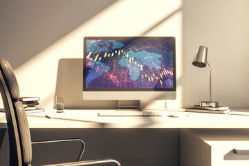 Abstract financial diagram with world map on modern laptop screen, banking and accounting concept. 3D Rendering