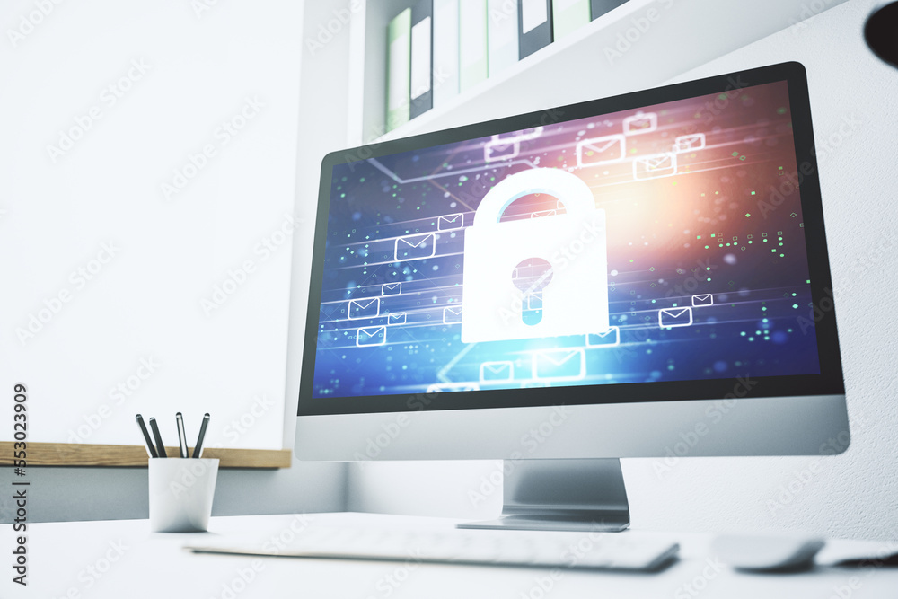 Aufkleber modern computer monitor with creative lock hologram and email symbols. information security concept.