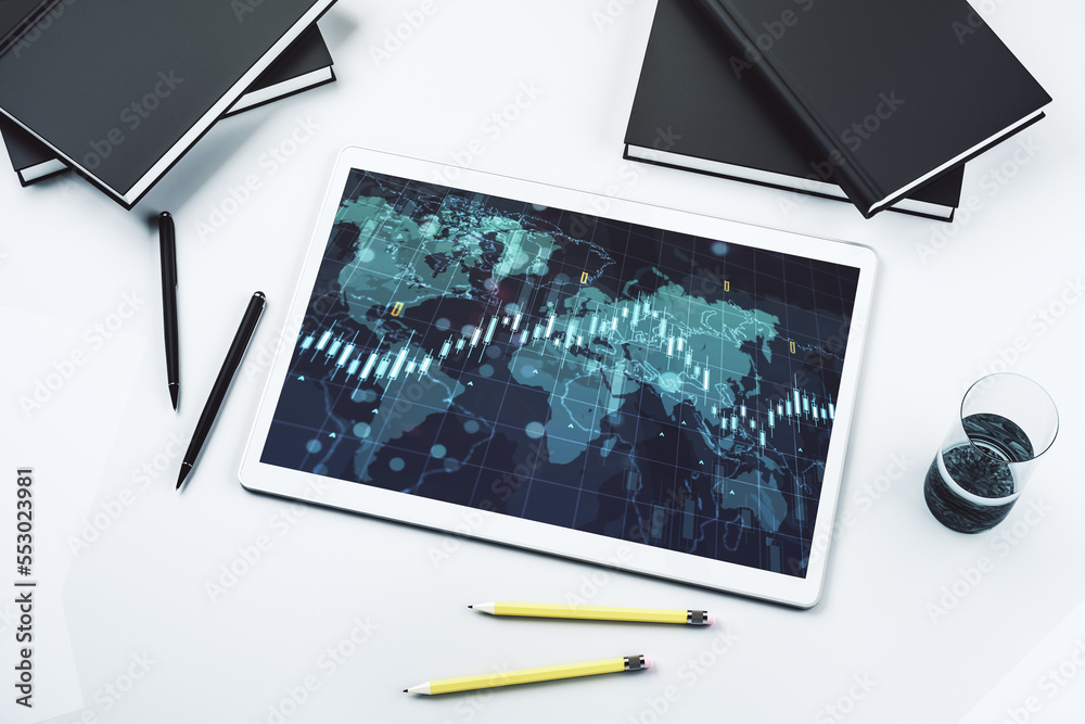 Poster Modern digital tablet monitor with abstract creative financial chart and world map, research and strategy concept. Top view. 3D Rendering