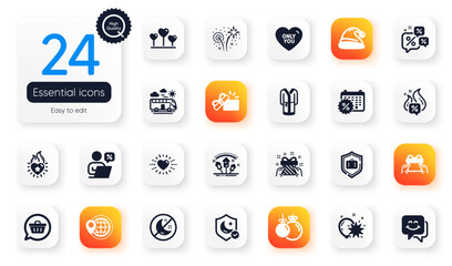 Set of Holidays flat icons. Bus travel, Shopping cart and Christmas ball elements for web application. Calendar discounts, Insomnia, World travel icons. Balloon dart, Heart flame. Vector