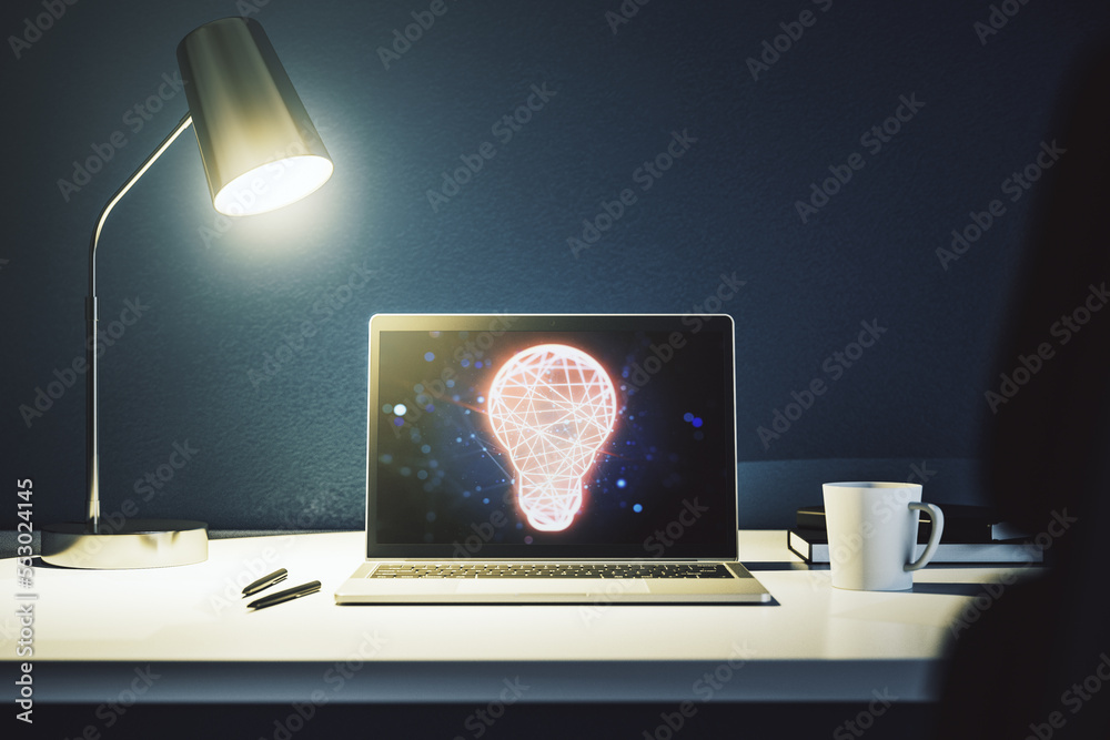 Poster Creative idea concept with light bulb illustration on modern laptop screen. 3D Rendering