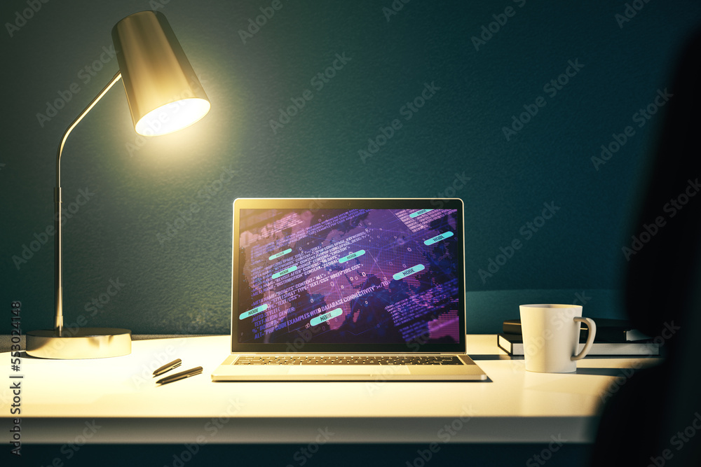 Poster computer monitor with abstract creative programming illustration and world map, big data and blockch