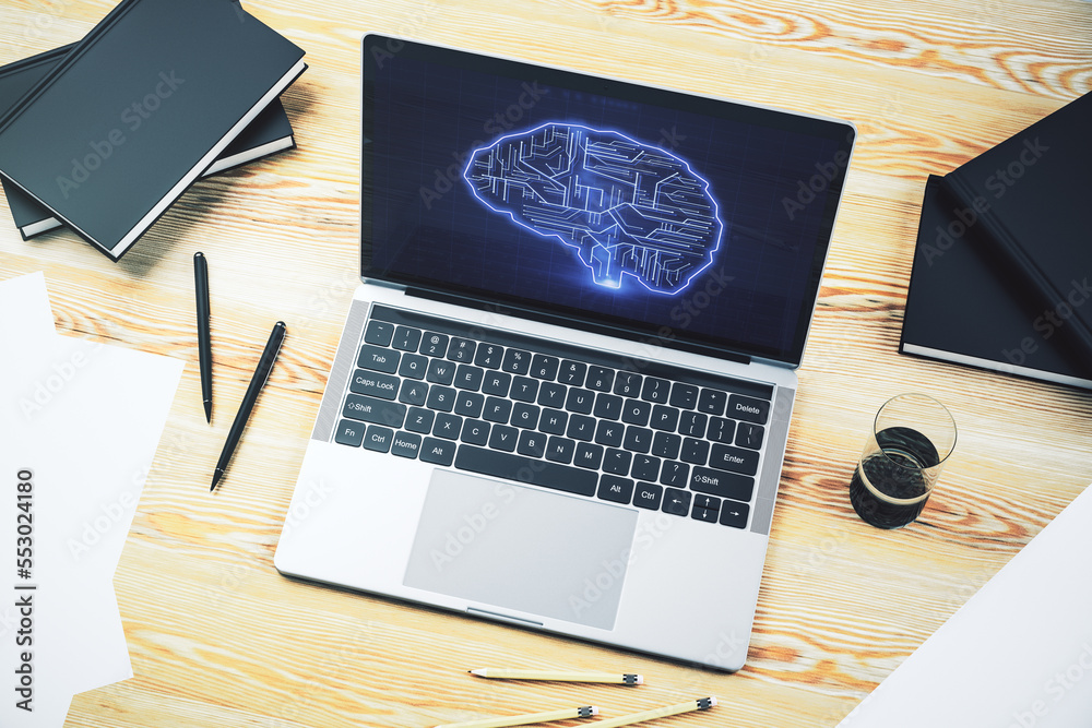 Leinwandbilder Modern computer monitor with creative artificial Intelligence symbol. Neural networks and machine learning concept. 3D Rendering